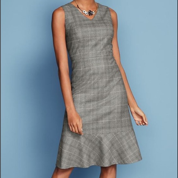 Talbots Neutral Gray Luxe Italian Wool Blend Glen Plaid Flounce Waist Dress 14 - Picture 1 of 11